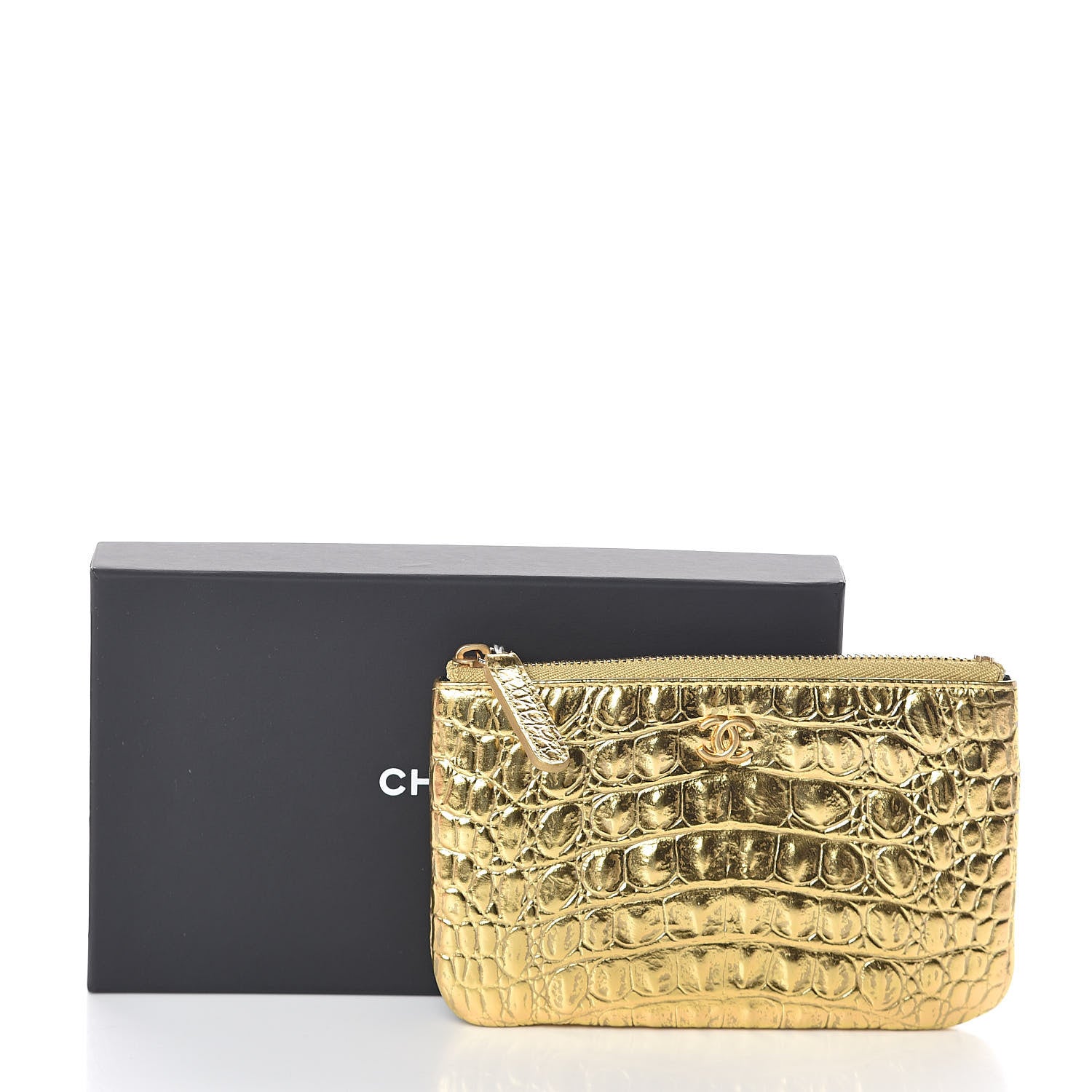 Chanel Metallic Calfskin Crocodile Embossed Cocodile Cosmetic Case Gold 8 of 8