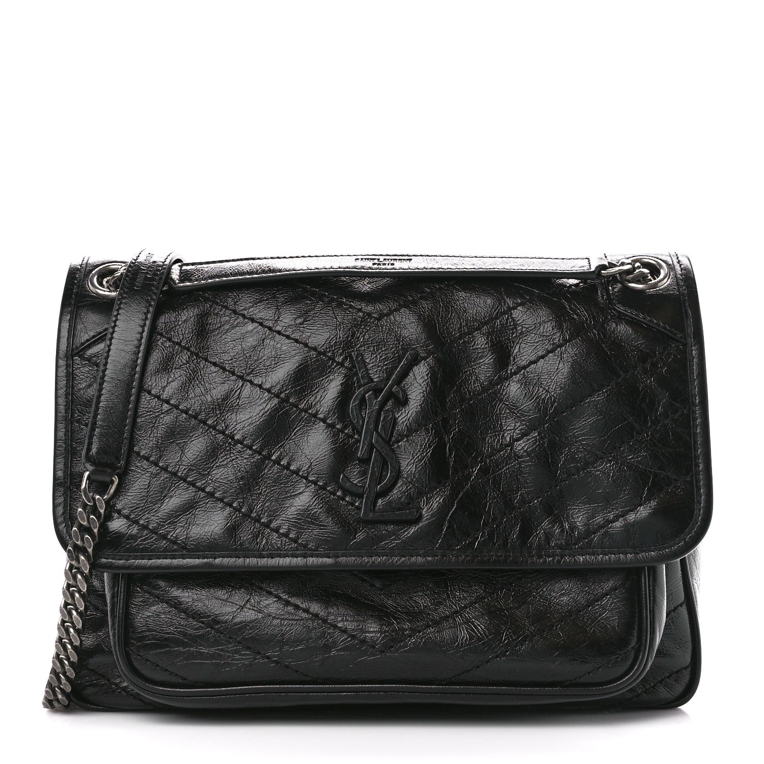 Saint Laurent Crinkled Calfskin Matelasse Monogram Medium Niki Chain Satchel Black 1 of 12