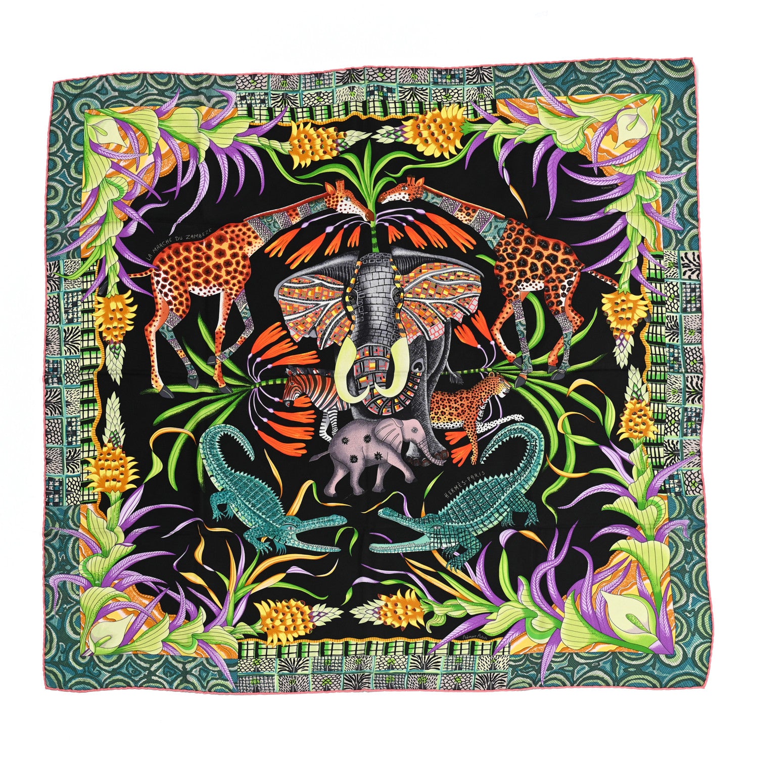 Hermes Silk La Marche Du Zambeze Scarf 90 Black Corail Vert 1 of 6
