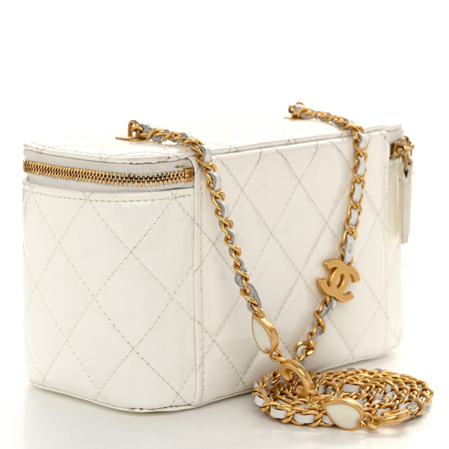 Chanel Patent Enamel Quilted Small Coco Hearts Vanity Case With Chain White 3 of 11