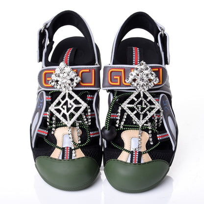 Gucci Mesh Fabric Tinsel Sport Sandals 35.5 Black Silver Green 5 of 10