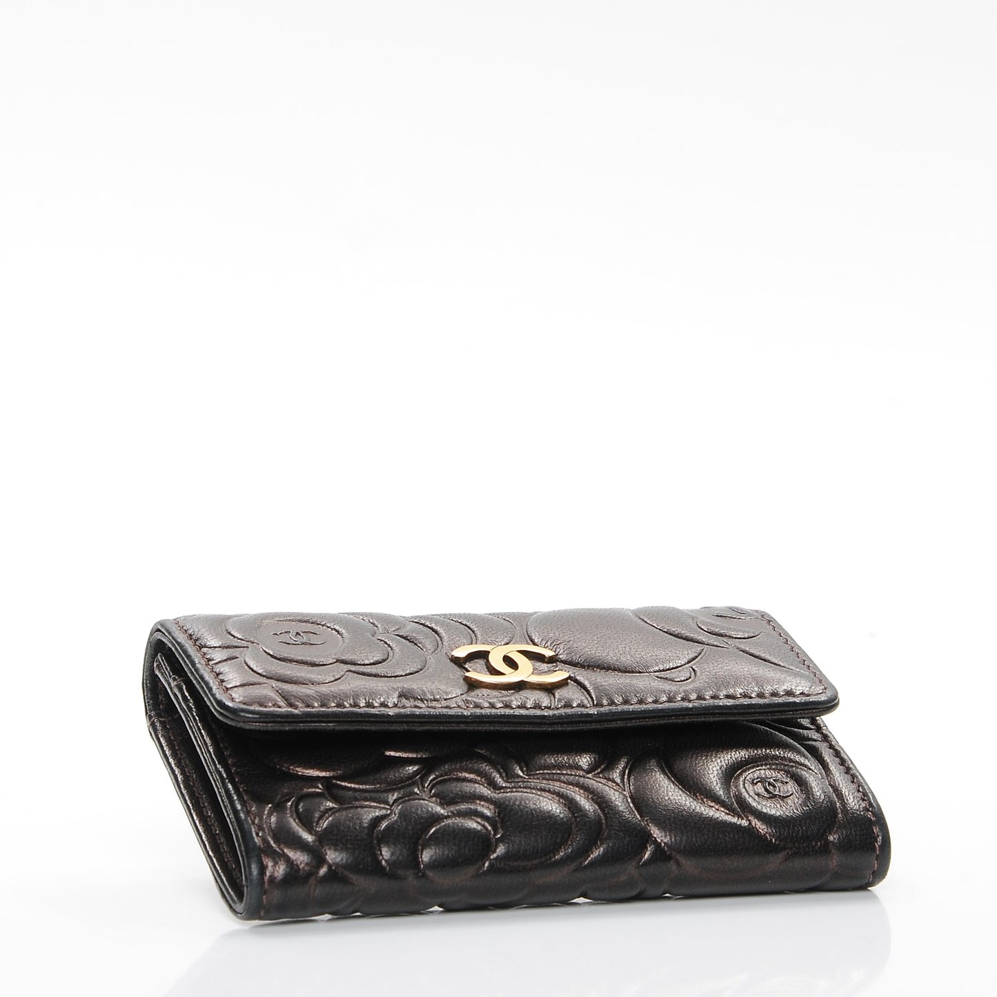 Metallic Lambskin Camellia Embossed Card Holder Brown