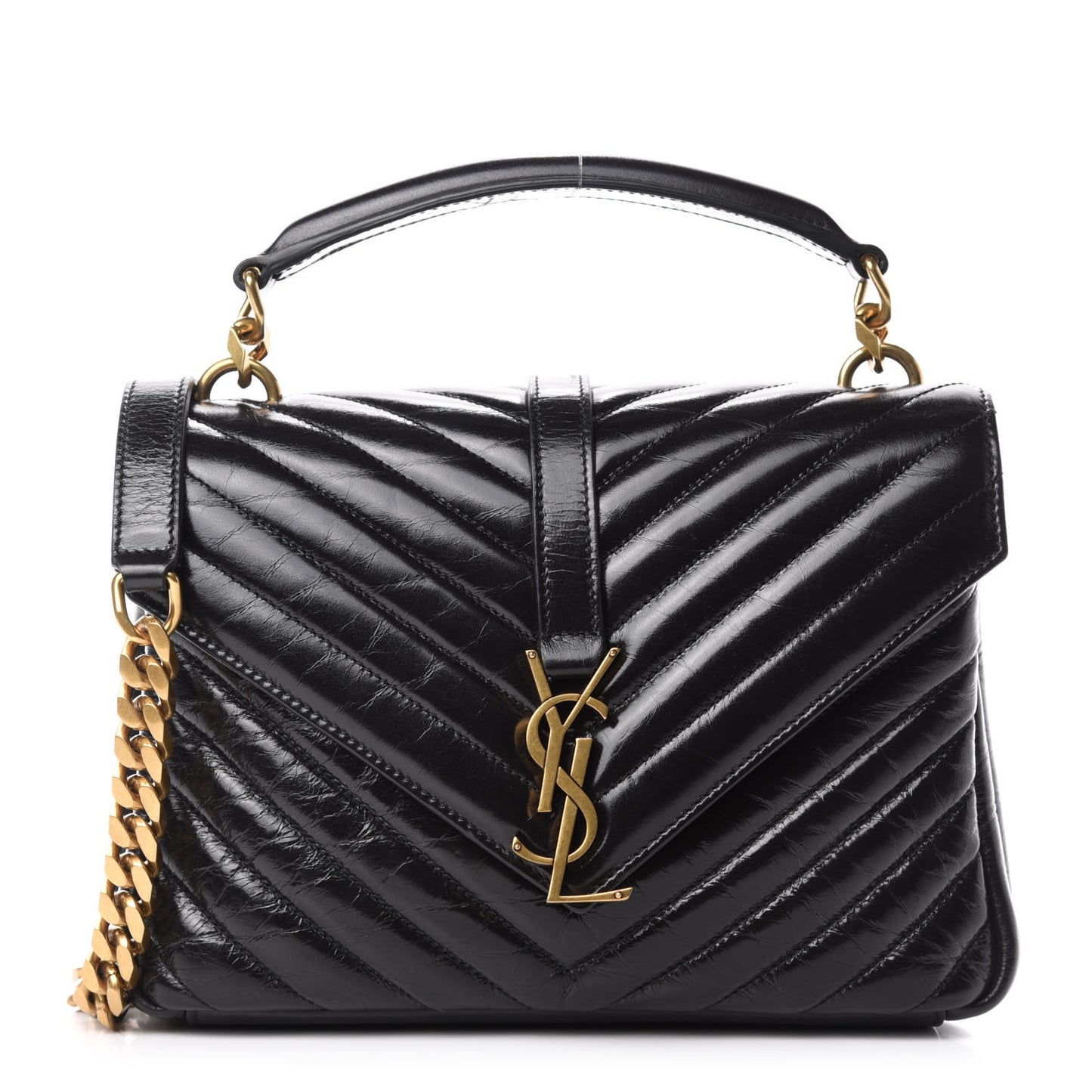 Cracked Shiny Calfskin Matelasse Chevron Monogram Medium College Bag Black
