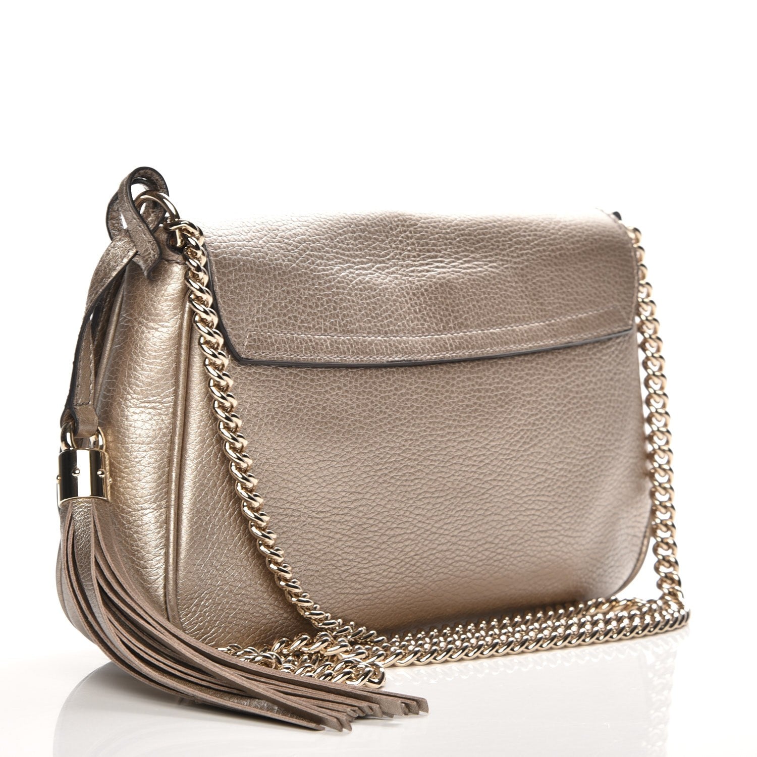 Gucci Metallic Pebbled Calfskin Medium Soho Flap Crossbody Golden Beige 3 of 7