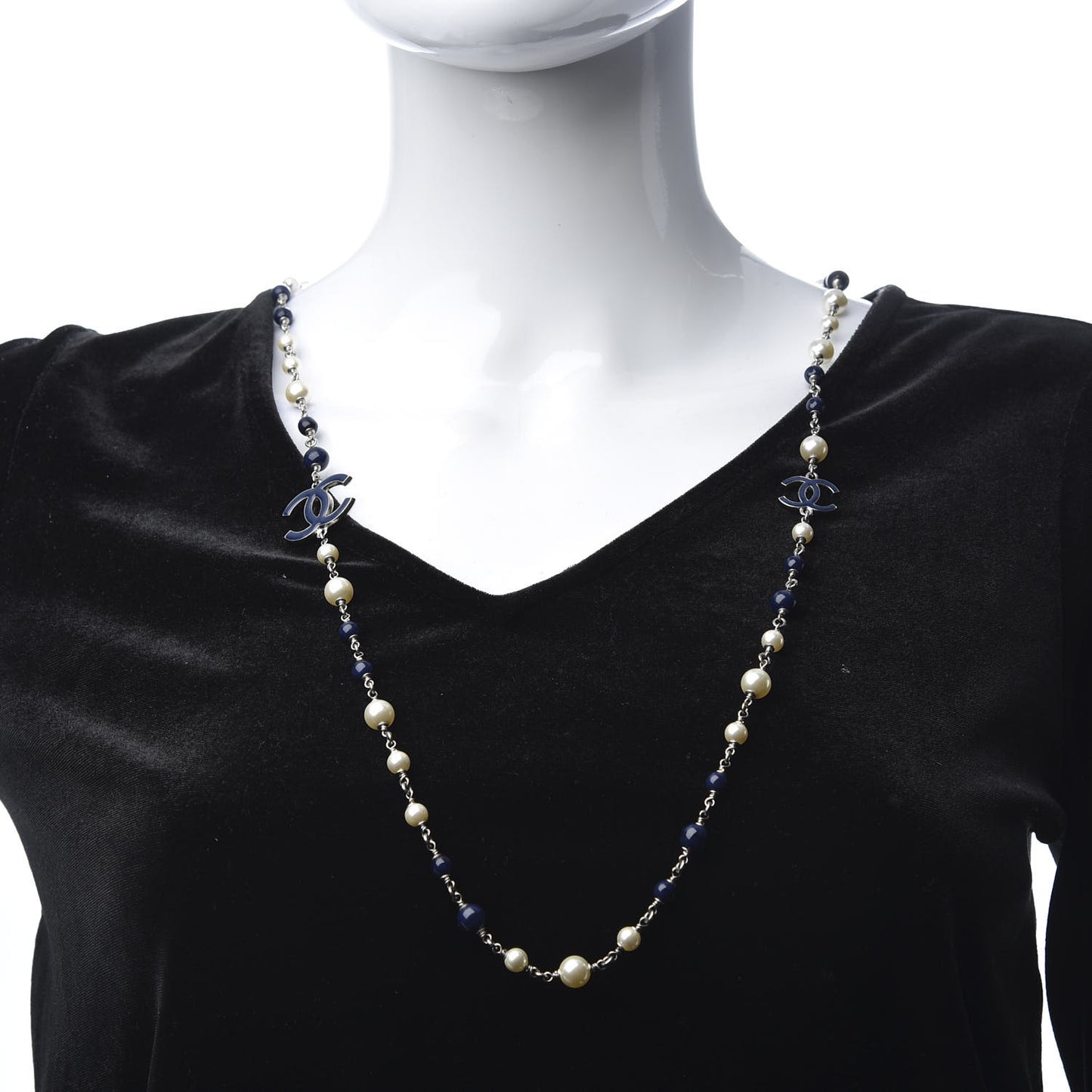 Pearl Bead Enamel CC Long Necklace Silver Blue