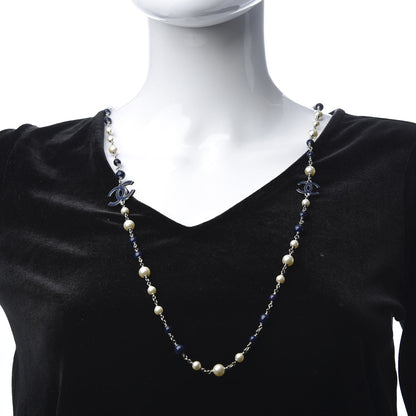 Chanel Pearl Bead Enamel CC Long Necklace Silver Blue 2 of 5