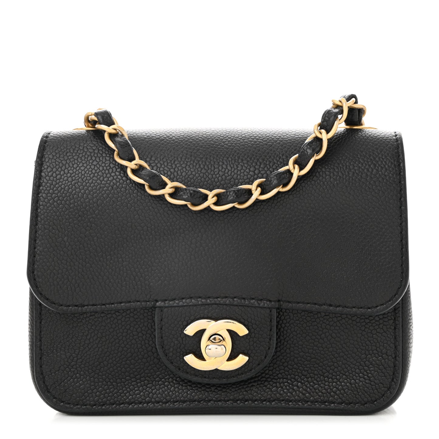Grained Calfskin Mini Square Classic Pure Flap Black