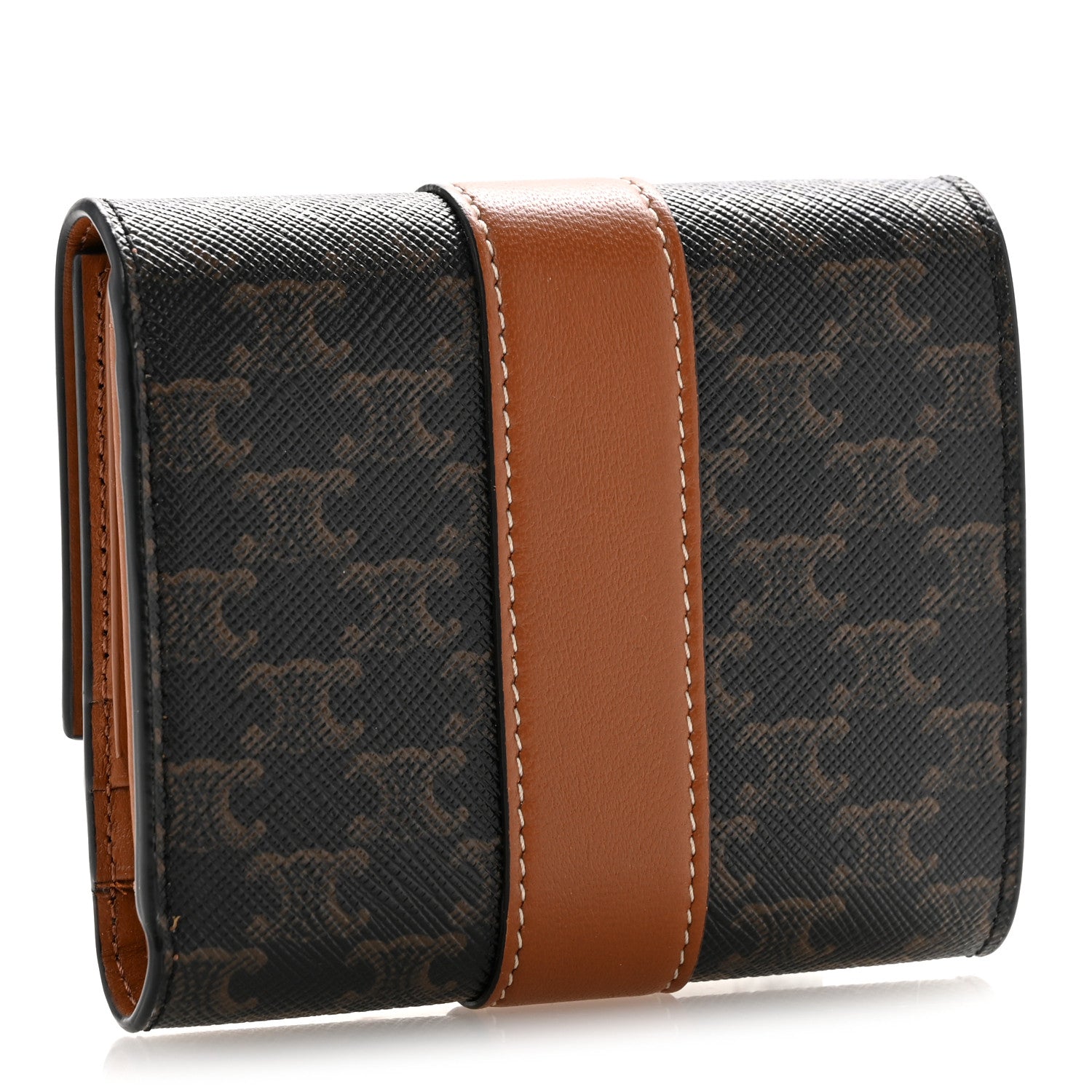 Celine Canvas Triomphe Lambskin Folded Compact Wallet Tan 1889896