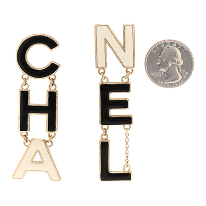 Chanel Metal Enamel Cha-Nel Logo Drop Earrings Black White 2 of 4