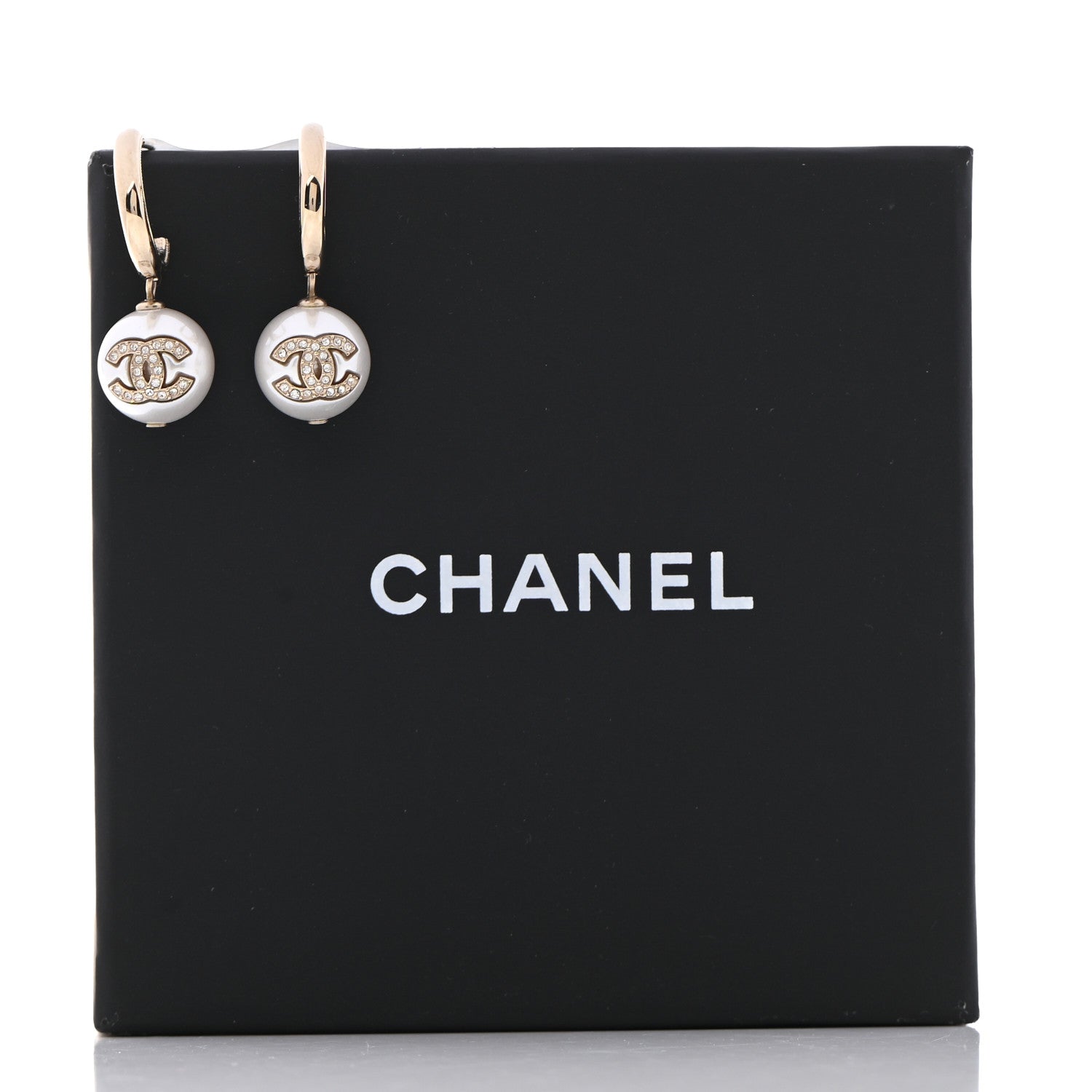 Chanel Pearl Crystal CC Drop Earrings Gold Pearly White 6 of 6