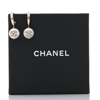 Chanel Pearl Crystal CC Drop Earrings Gold Pearly White 6 of 6