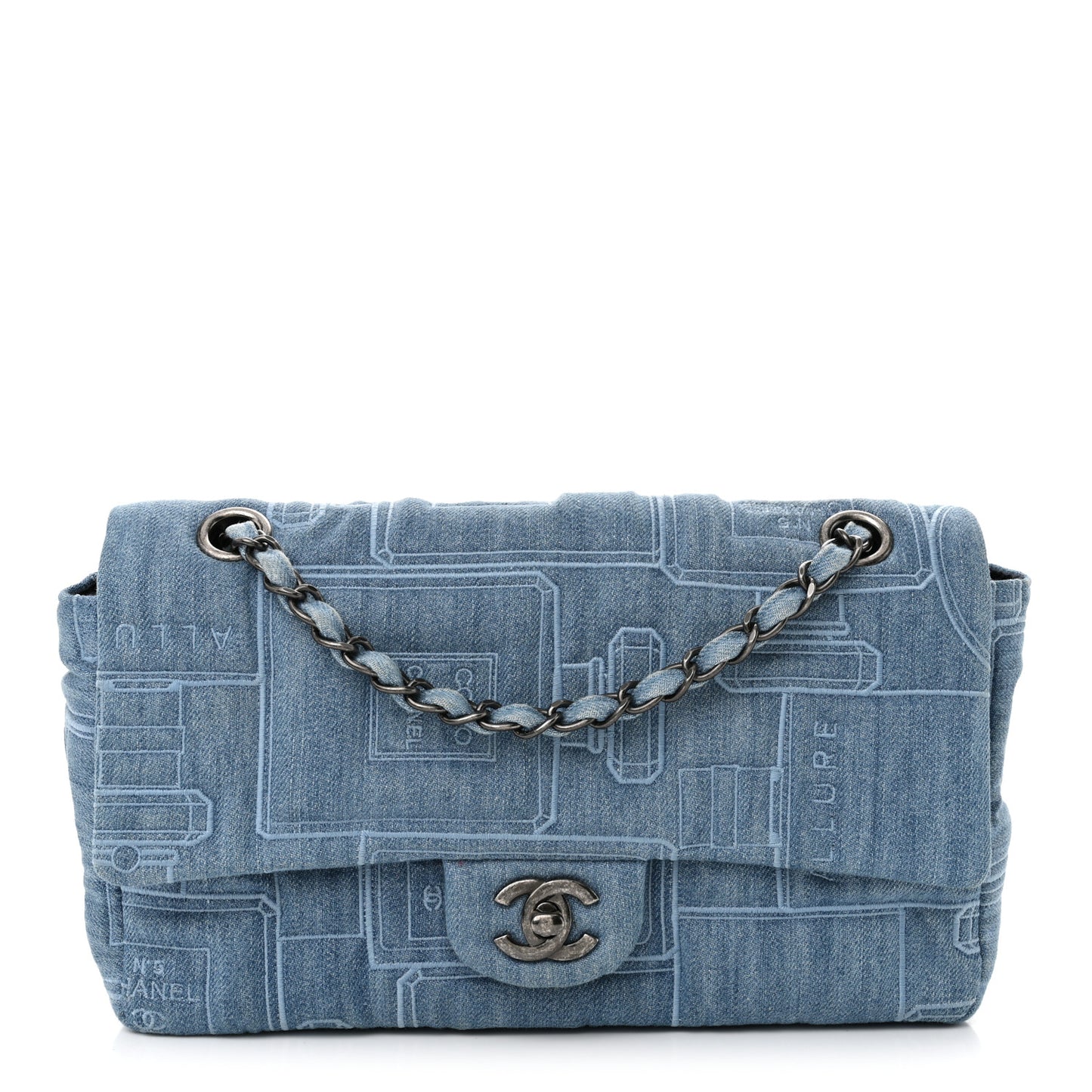 Denim Embroidered Medium Perfume Bottle Flap Light Blue