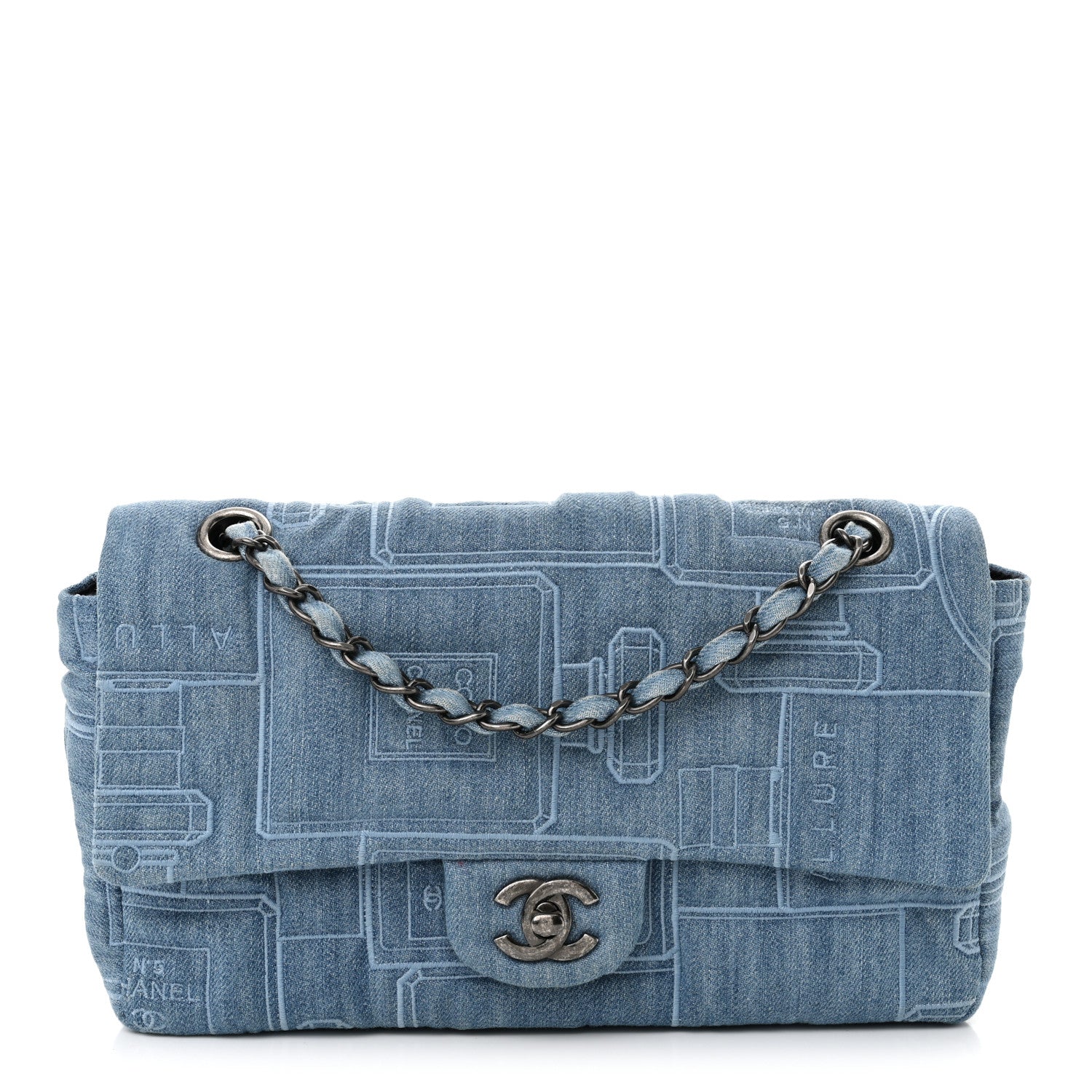 Chanel Denim Embroidered Medium Perfume Bottle Flap Light Blue 1 of 11