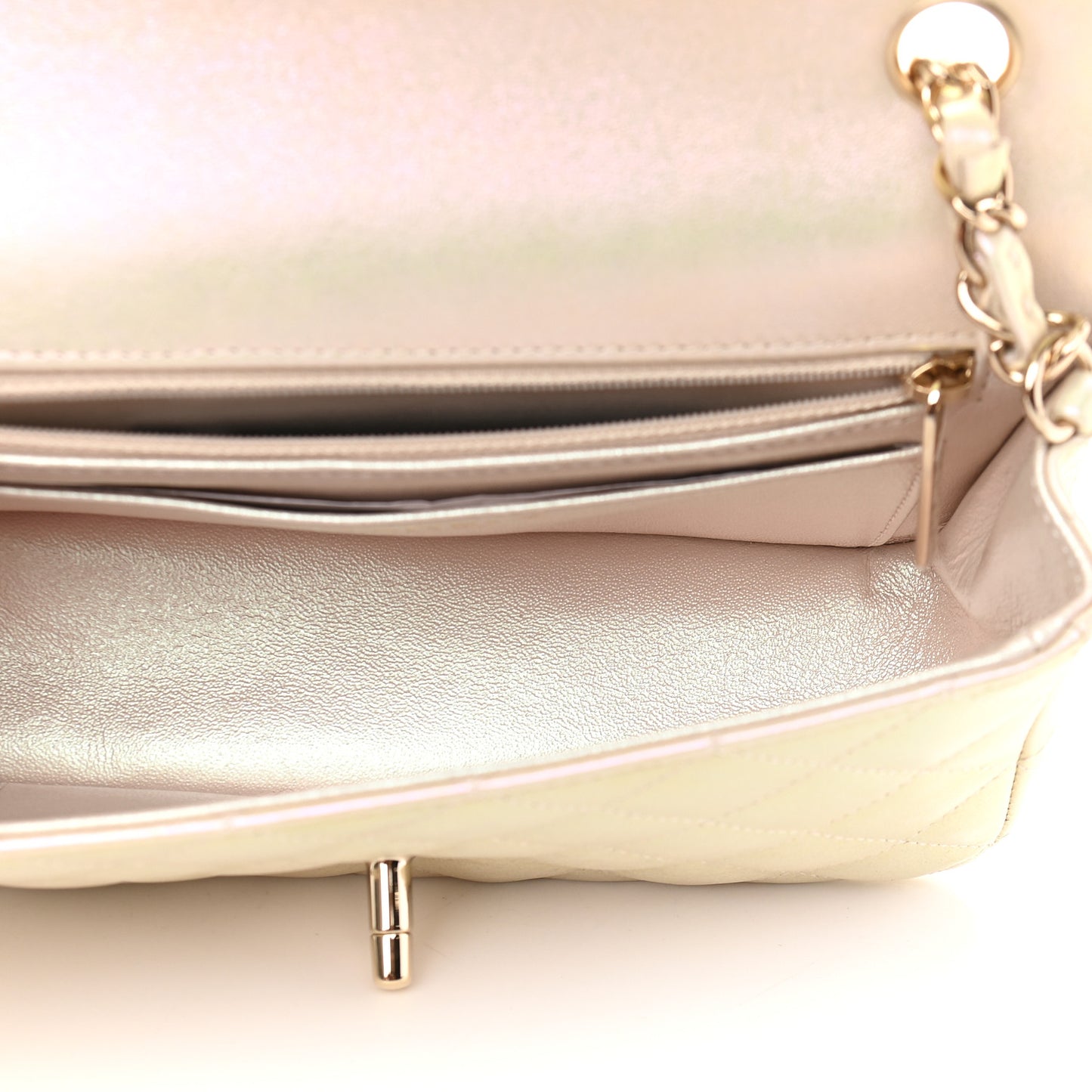 Iridescent Lambskin Quilted Mini Rectangular Flap Ivory