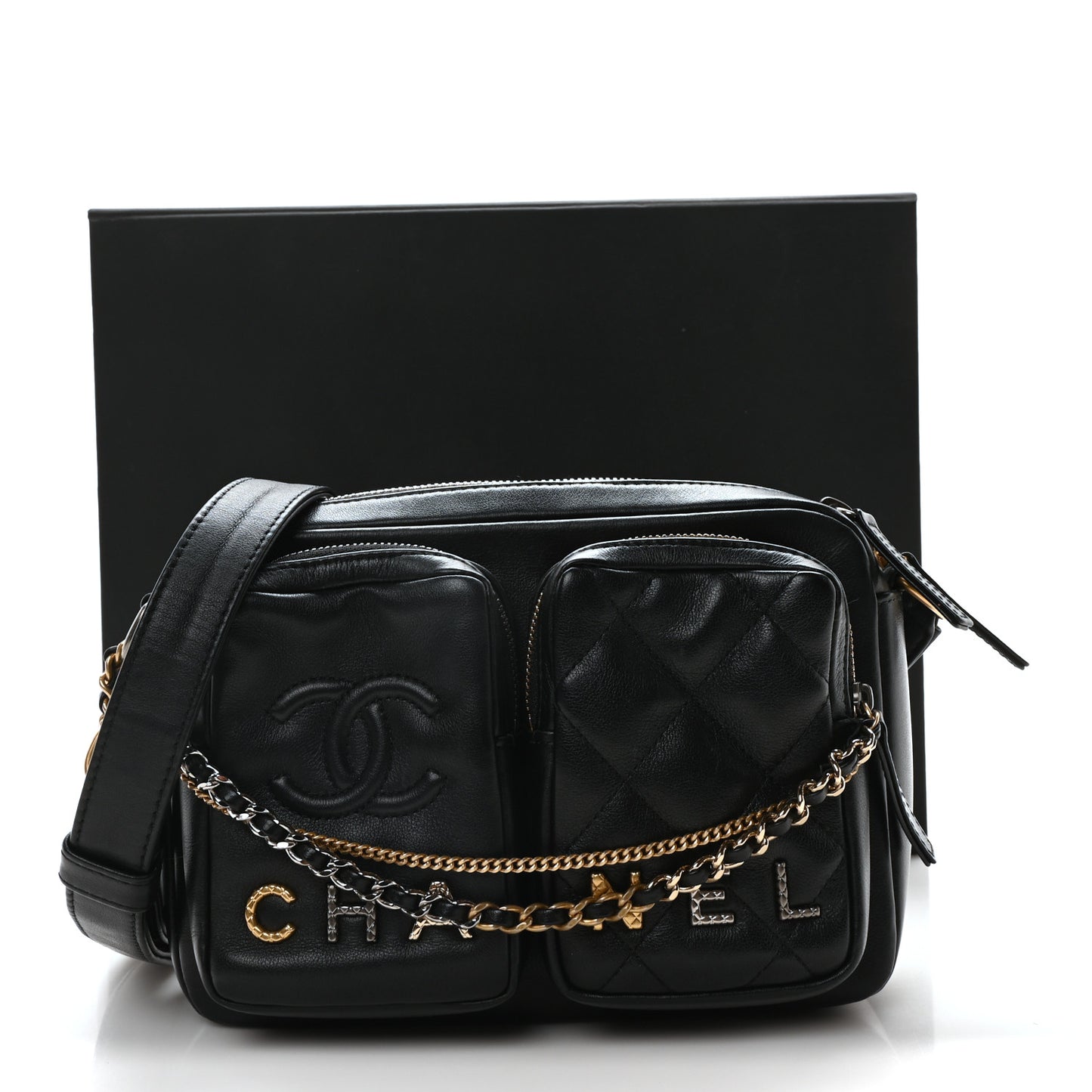 Calfskin Quilted Small Camera Case Black