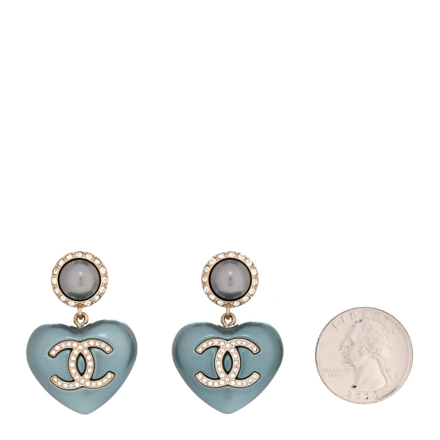 Pearl Crystal CC Heart Drop Earrings Blue