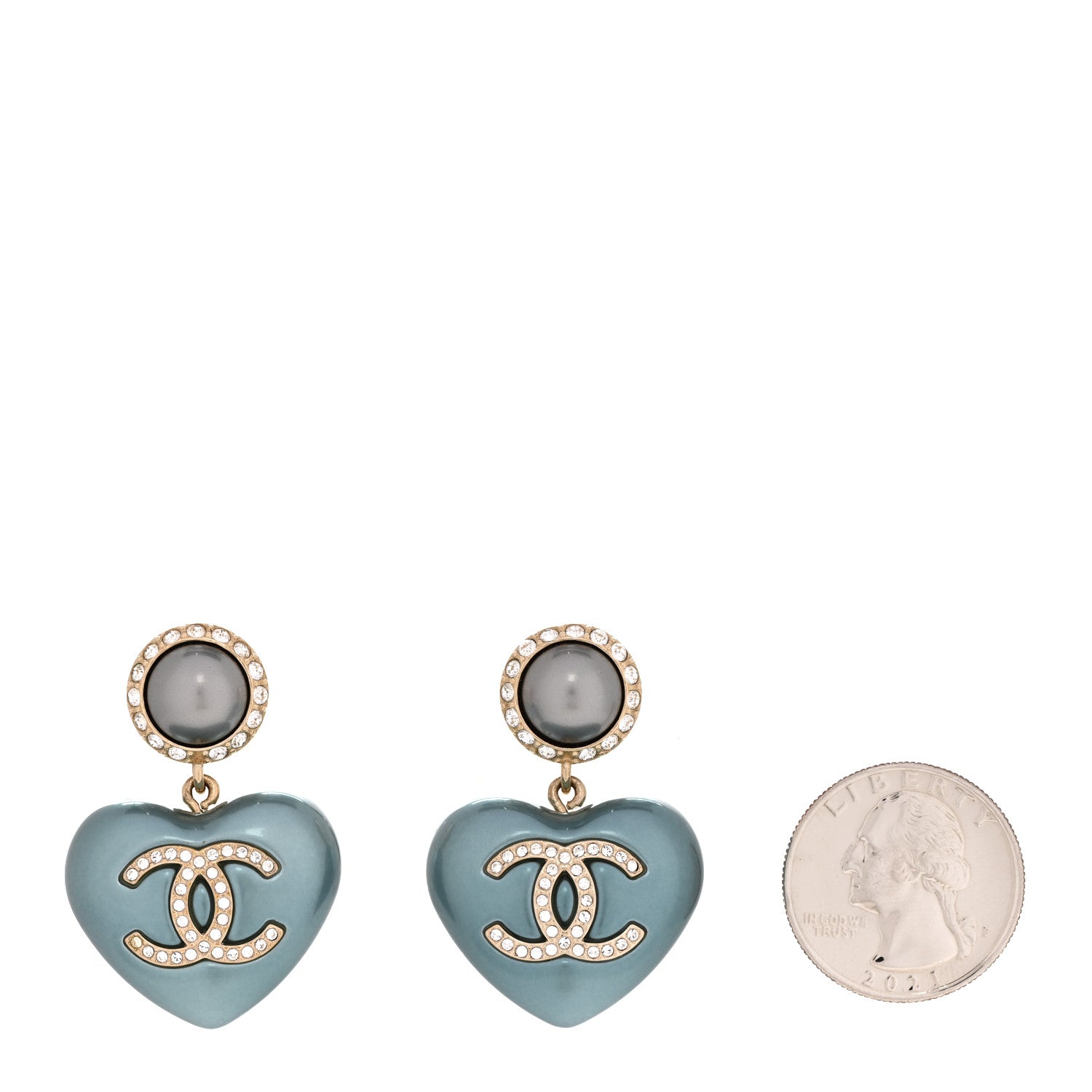 Chanel Pearl Crystal CC Heart Drop Earrings Blue 2 of 5