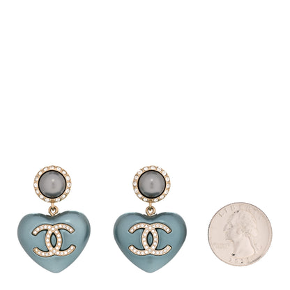 Chanel Pearl Crystal CC Heart Drop Earrings Blue 2 of 5