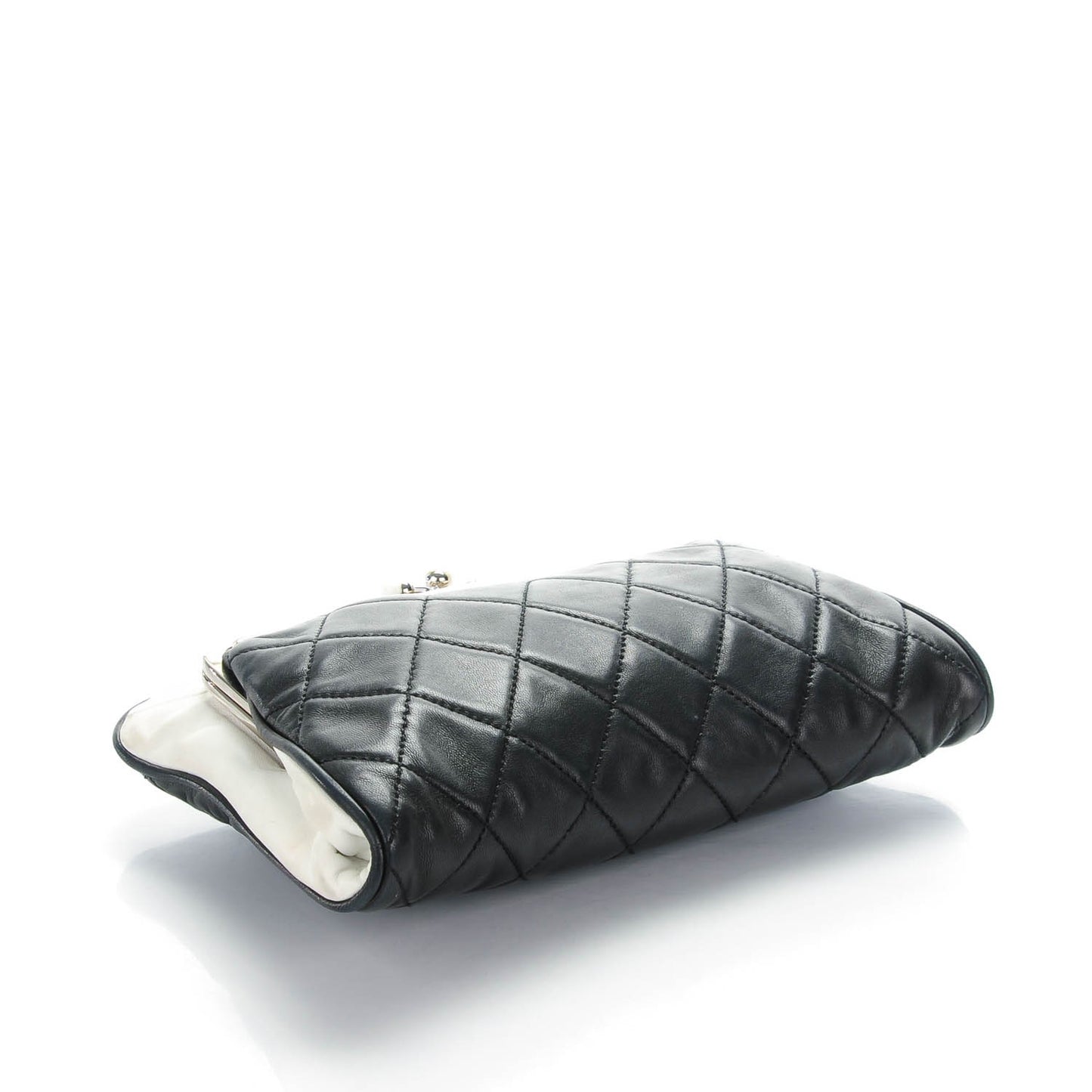 Lambskin Quilted Pearl Kiss Lock Clutch Black White