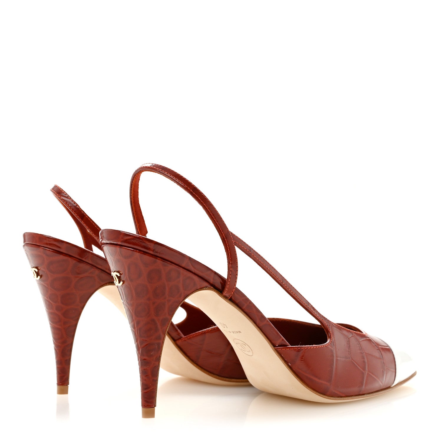 Chanel Calfskin Crocodile Embossed Patent Cap Toe Slingback Pumps 40 Dark Red White 5 of 10