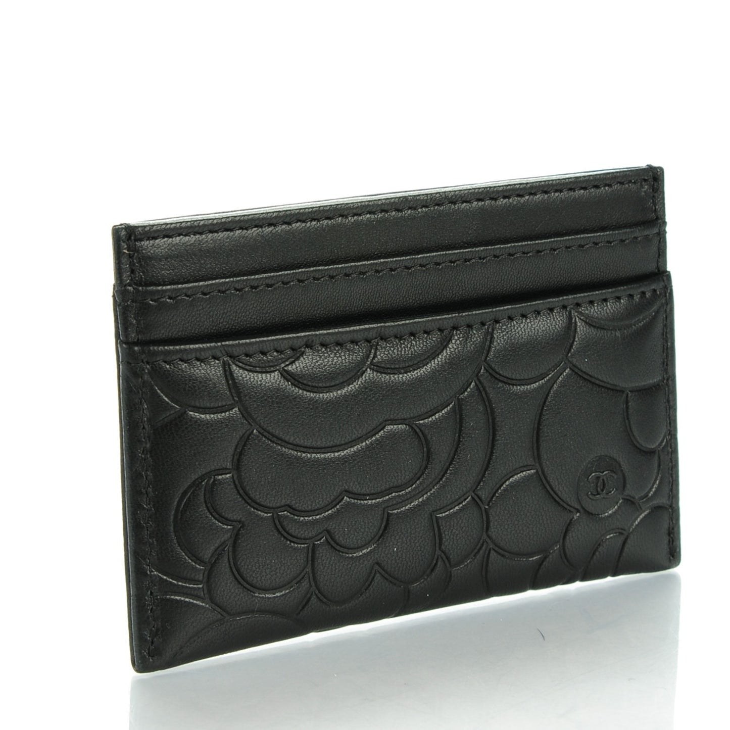 Lambskin Camellia Embossed Card Holder Black