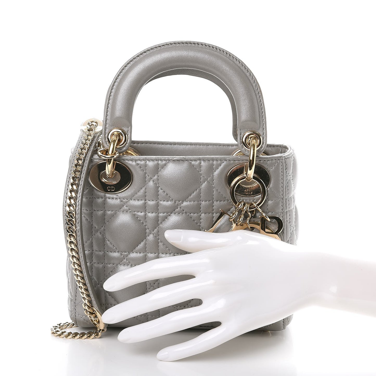 Metallic Lambskin Cannage Mini Lady Dior Grey