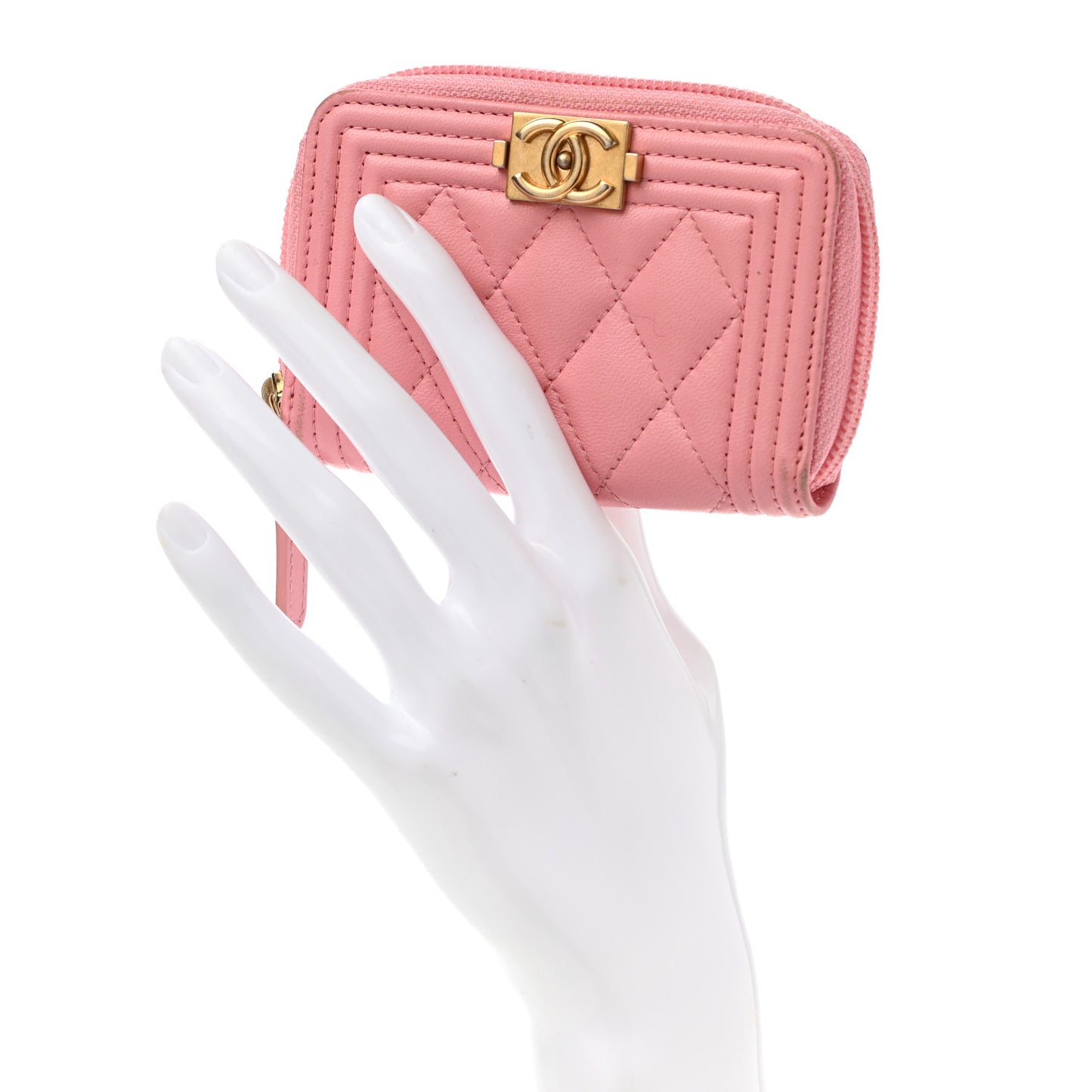 Lambskin Quilted Boy Zip Around Coin Purse Wallet Pink