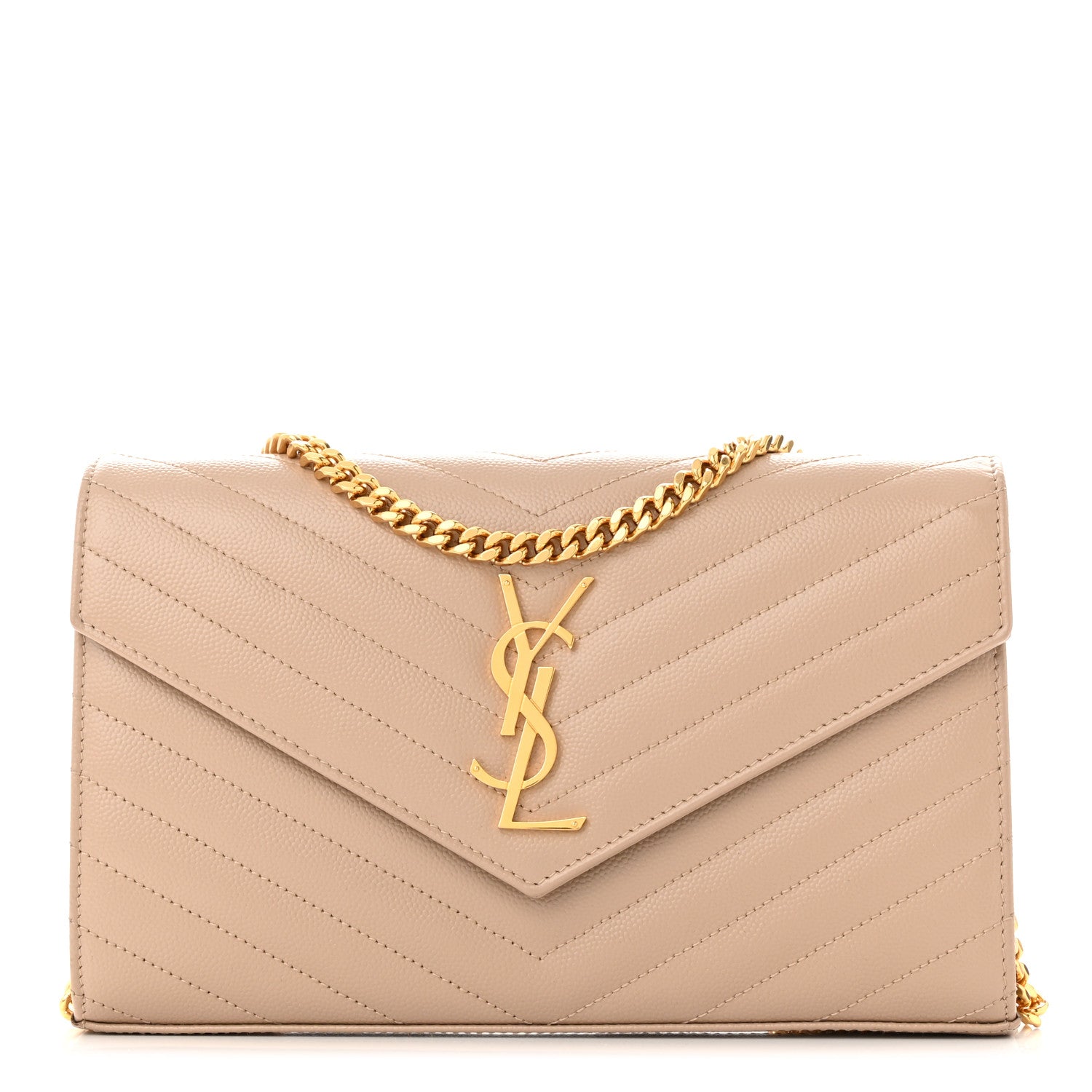 Saint Laurent Grain De Poudre Matelasse Chevron Monogram Chain Wallet Dark Beige 1 of 10