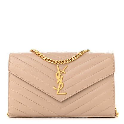 Saint Laurent Grain De Poudre Matelasse Chevron Monogram Chain Wallet Dark Beige 1 of 10
