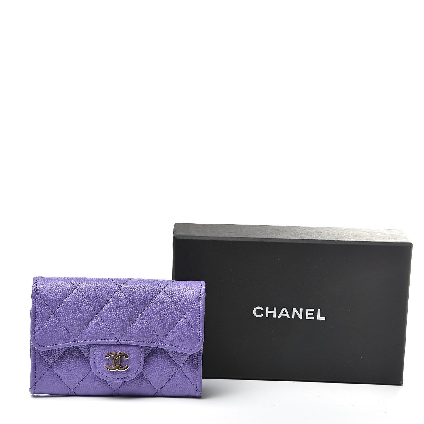 Caviar Quilted Flap Card Holder Wallet Purple