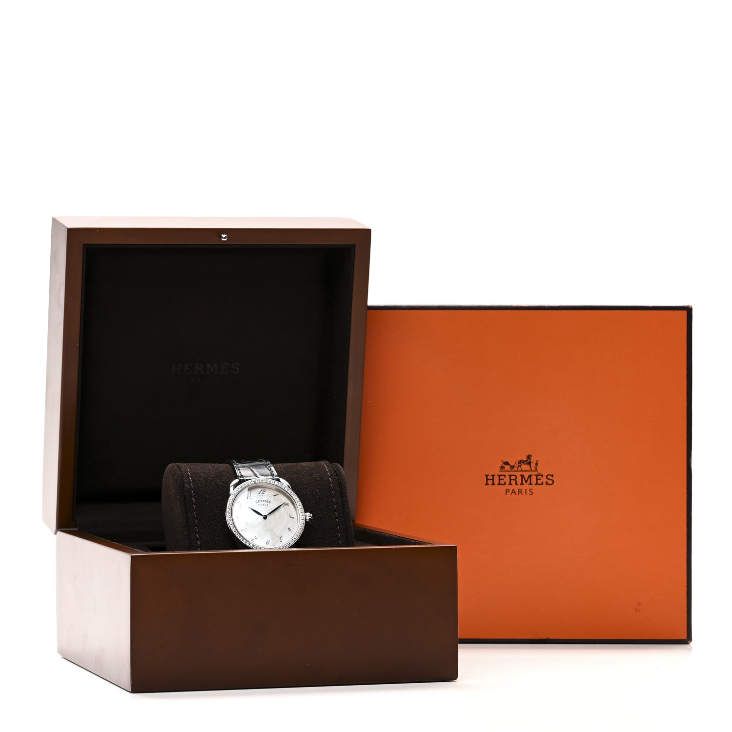 Hermes Stainless Steel Alligator Diamond Bezel Mother of Pearl 38mm Arceau Quartz Watch Noir 5 of 5