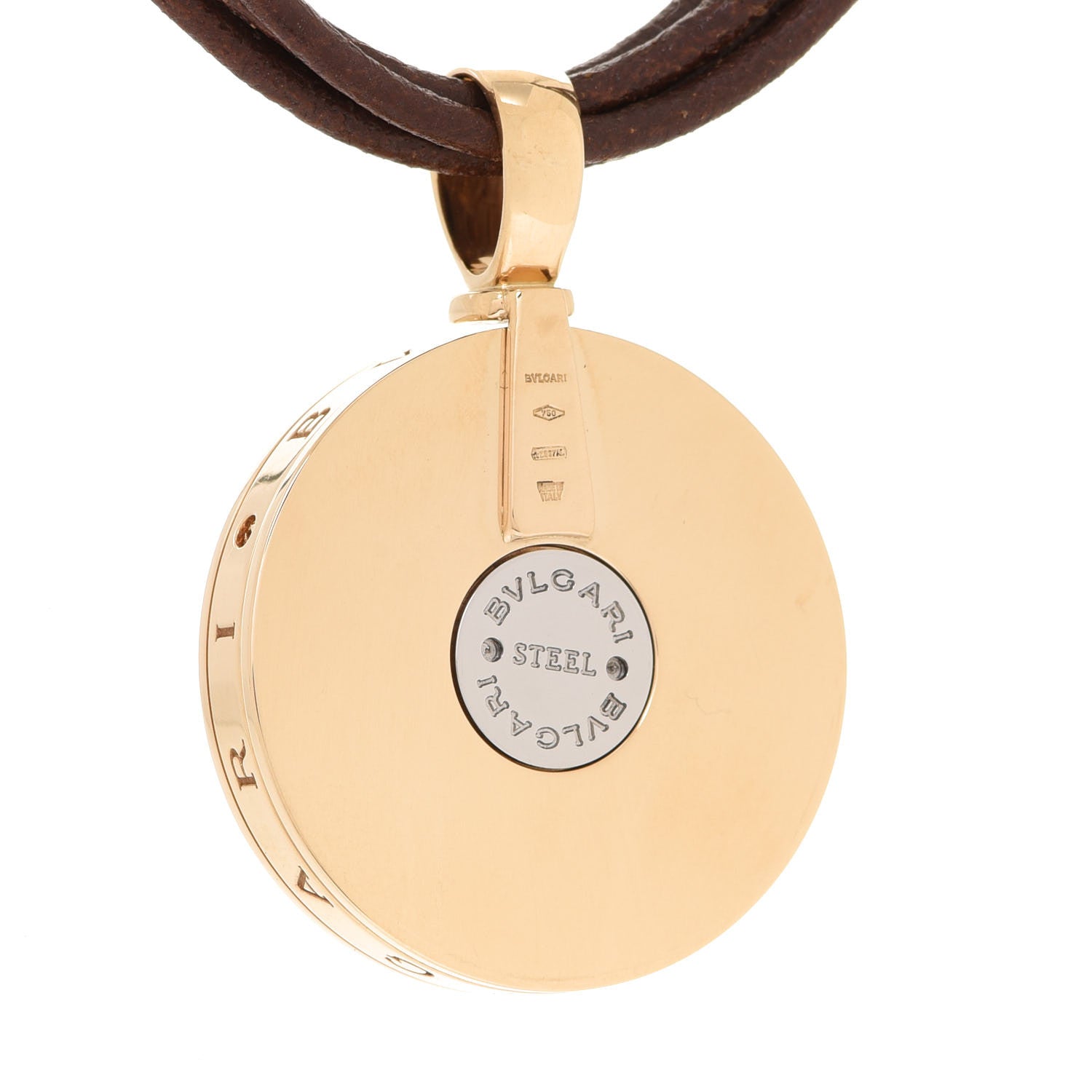 Bulgari Stainless Steel 18K Yellow Gold Leather Mother of Pearl Optical Illusion Pendant Necklace 5 of 7