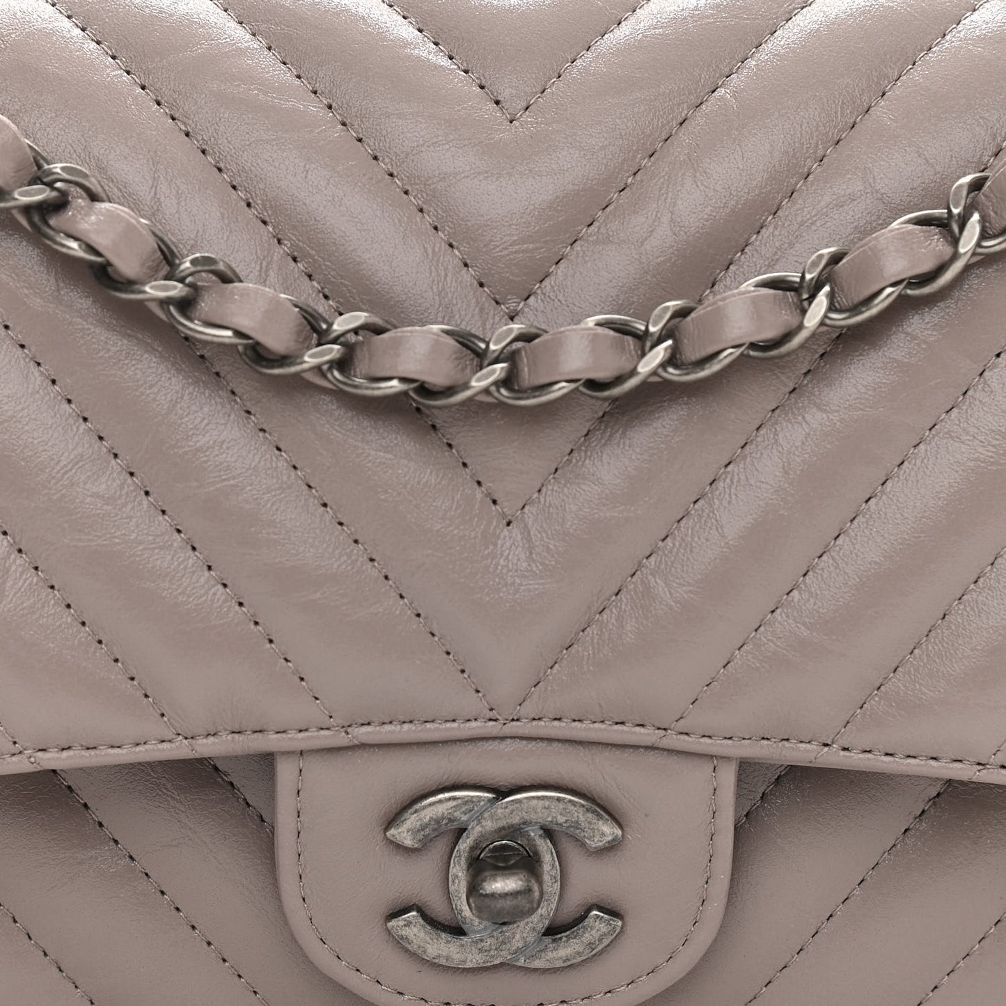 Iridescent Calfskin Chevron Quilted Medium Double Flap Grey