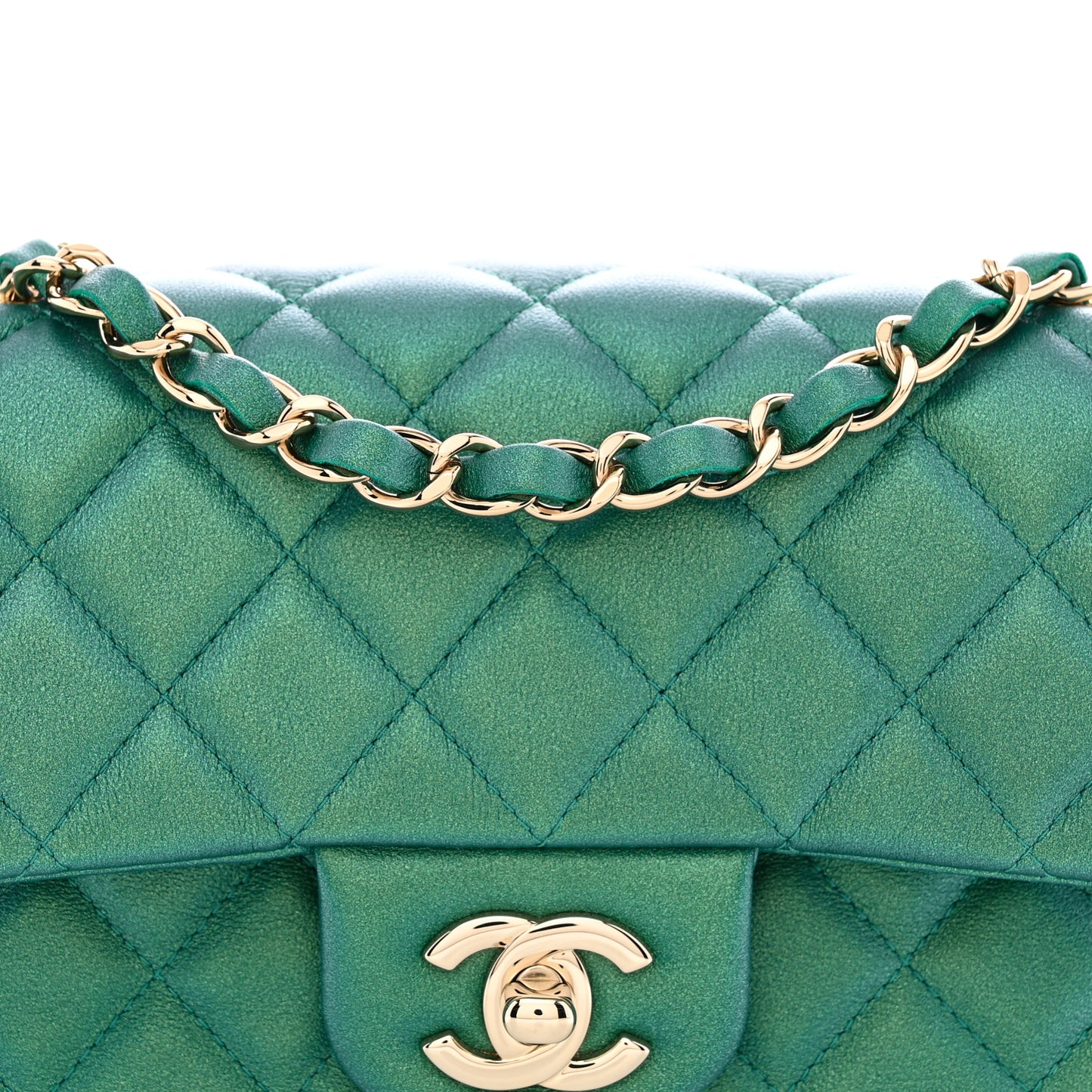 Iridescent Lambskin Quilted Mini Rectangular Flap Green