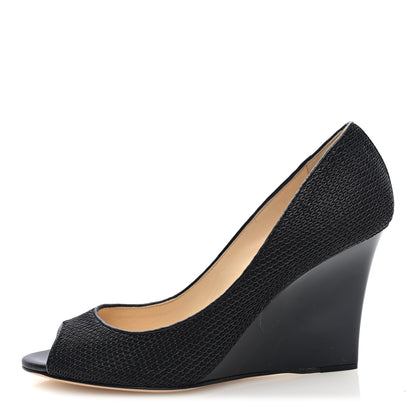 Jimmy Choo Fabric Woven Peep Toe Wedges 38 Black 1 of 8