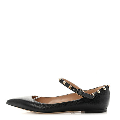 Valentino Garavani Pebbled Calfskin Rockstud Ankle Strap Ballerina Flats 38 Black 1 of 10