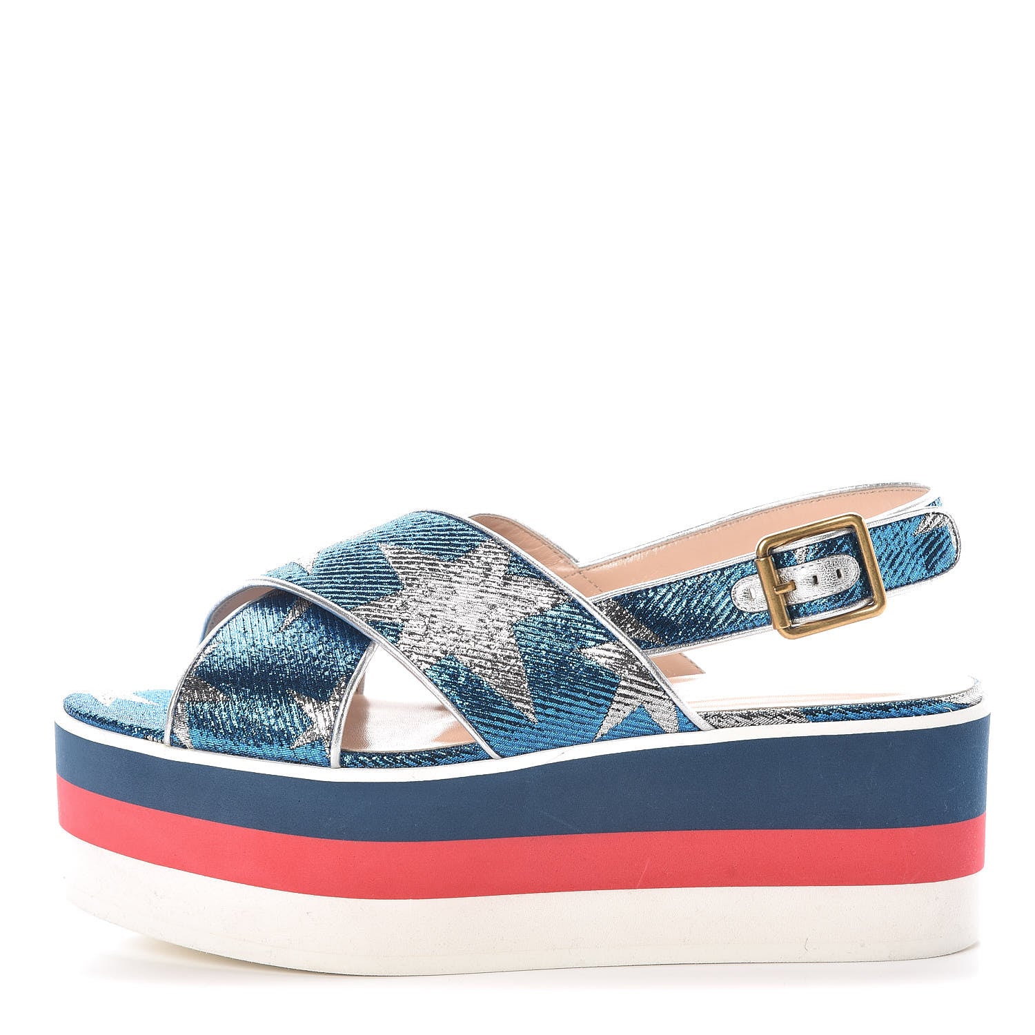 Gucci Nappa Silk Lurex Starry Sky Crossover Platform Sandals 36.5 Bluette Silver 1 of 7