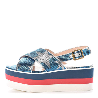 Gucci Nappa Silk Lurex Starry Sky Crossover Platform Sandals 36.5 Bluette Silver 1 of 7