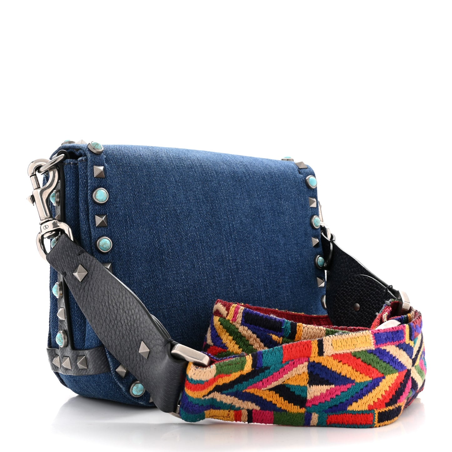 Denim Guitar Strap Rockstud Rolling Shoulder Flap Messenger Bag