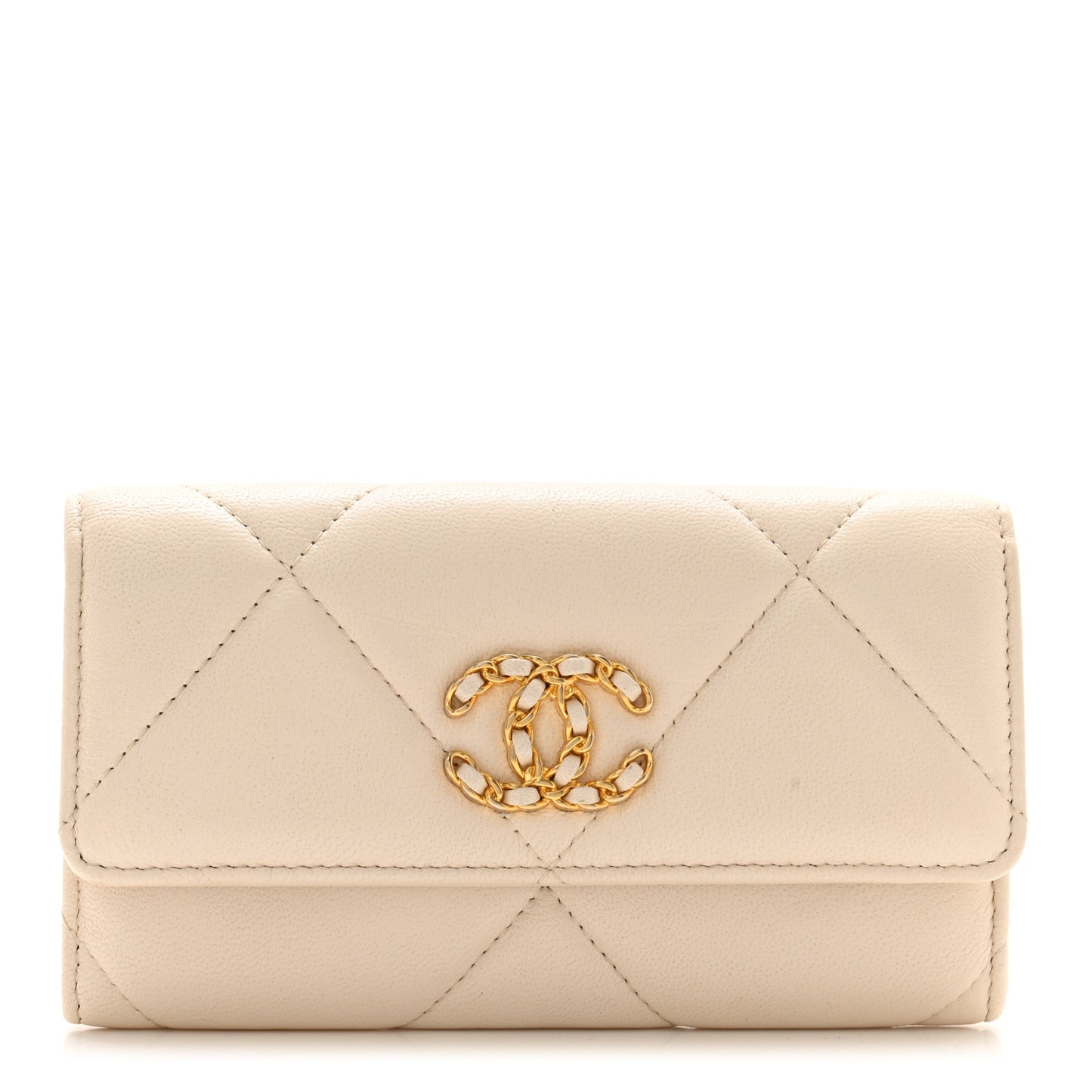 Shiny Goatskin Quilted Chanel 19 Flap Wallet Beige