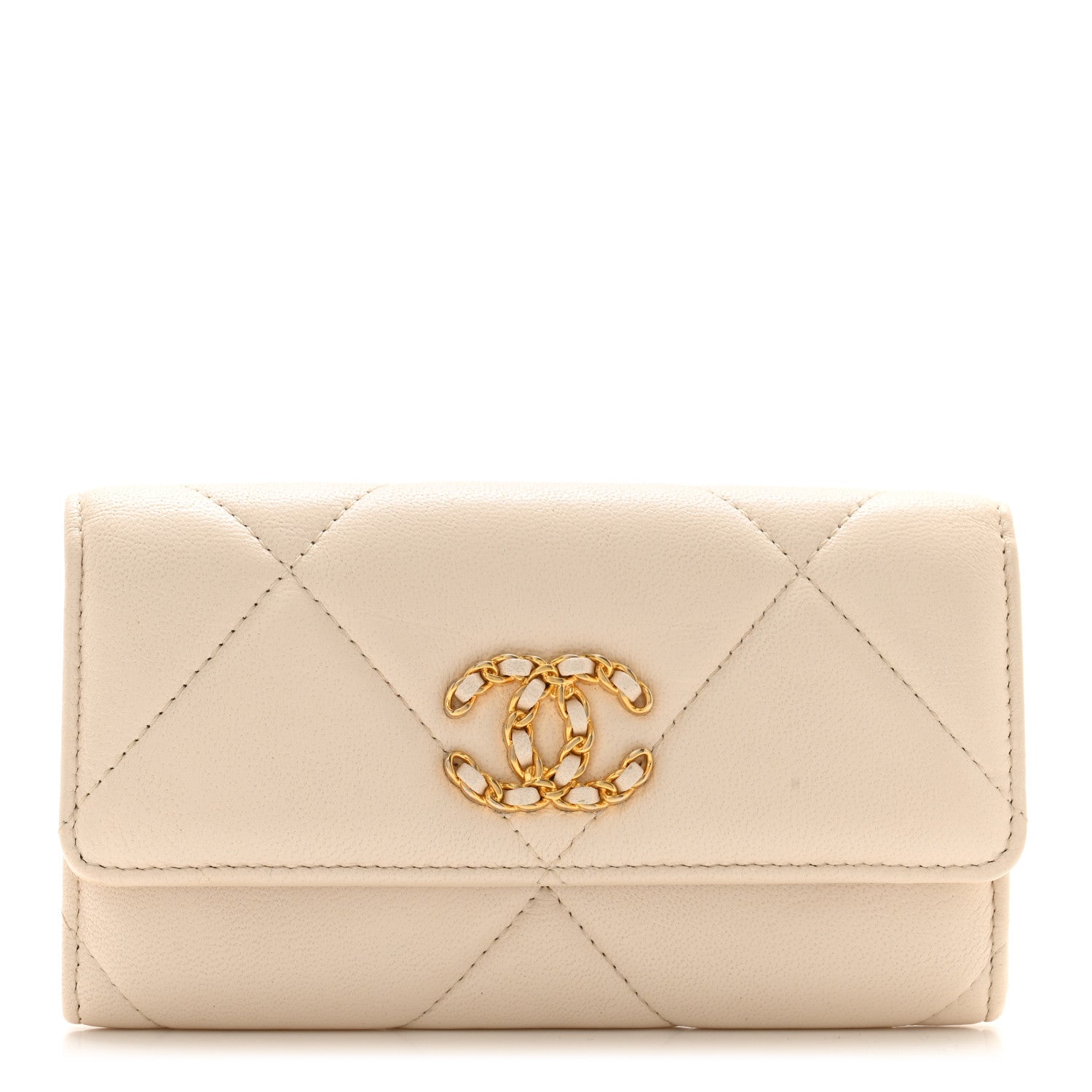 Chanel Shiny Goatskin Quilted Chanel 19 Flap Wallet Beige 1 of 13