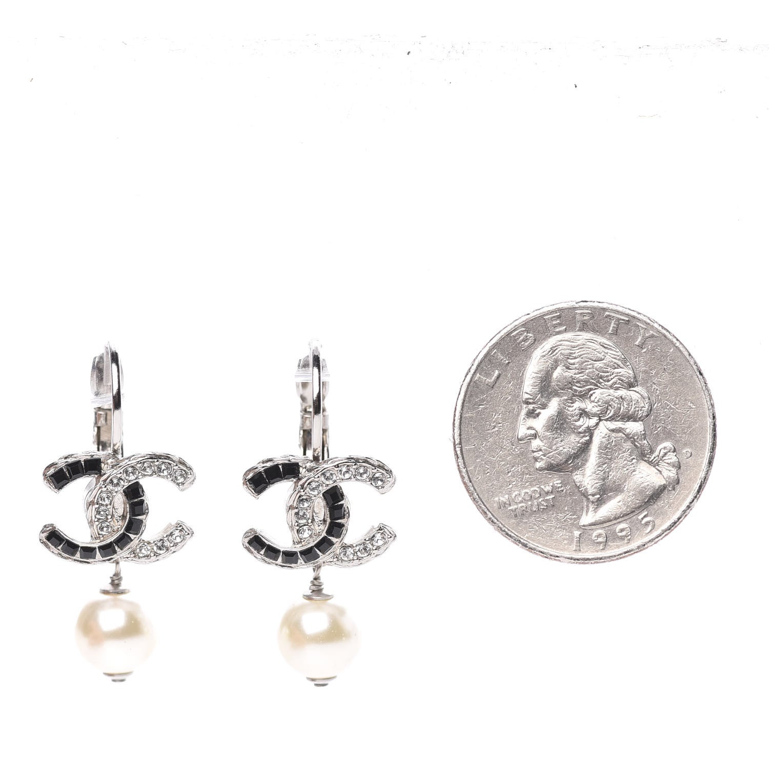 Chanel Baguette Crystal Pearl CC Drop Earrings Silver Black 2 of 5