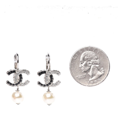 Chanel Baguette Crystal Pearl CC Drop Earrings Silver Black 2 of 5