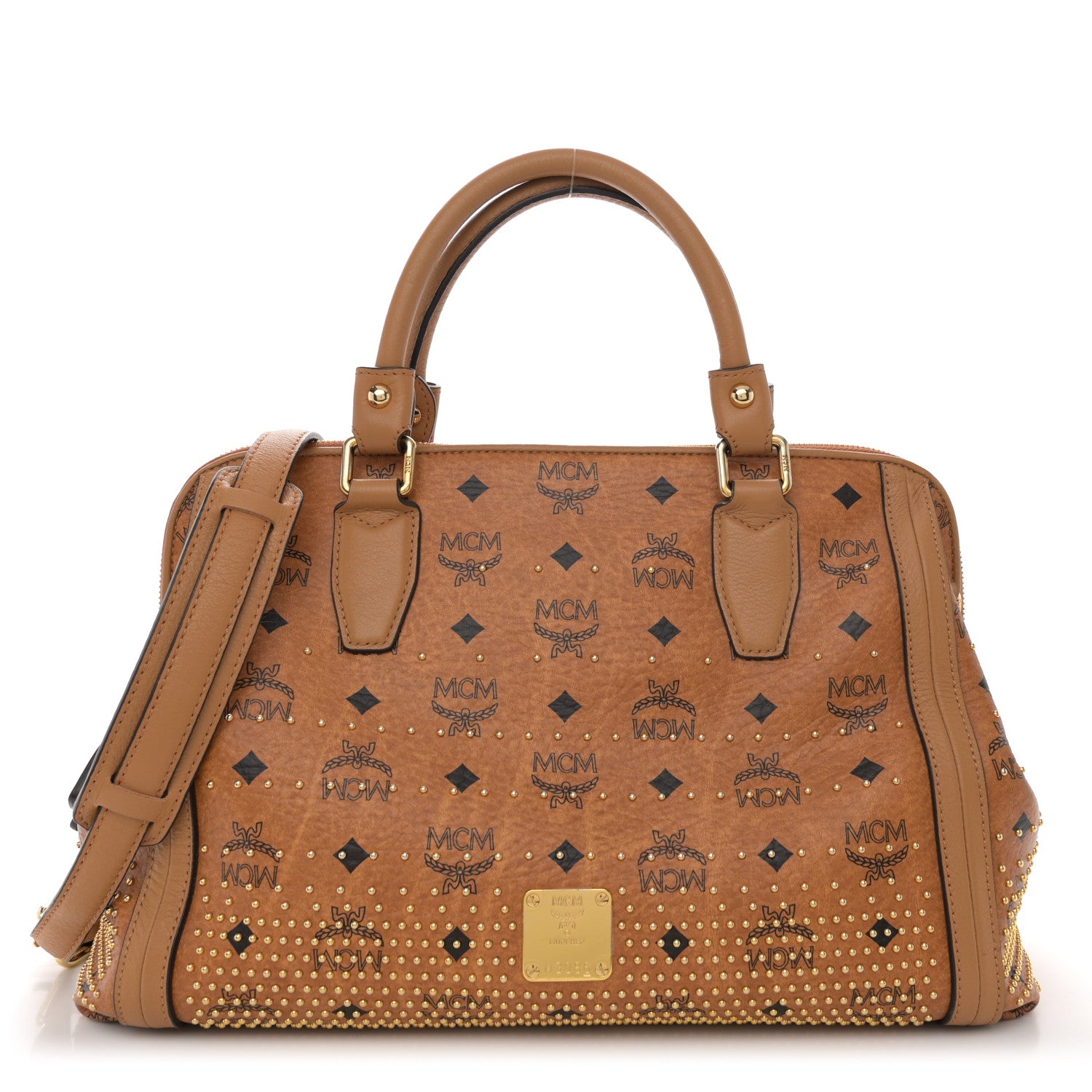 MCM Visetos Studded Boston Satchel Cognac 1 of 9