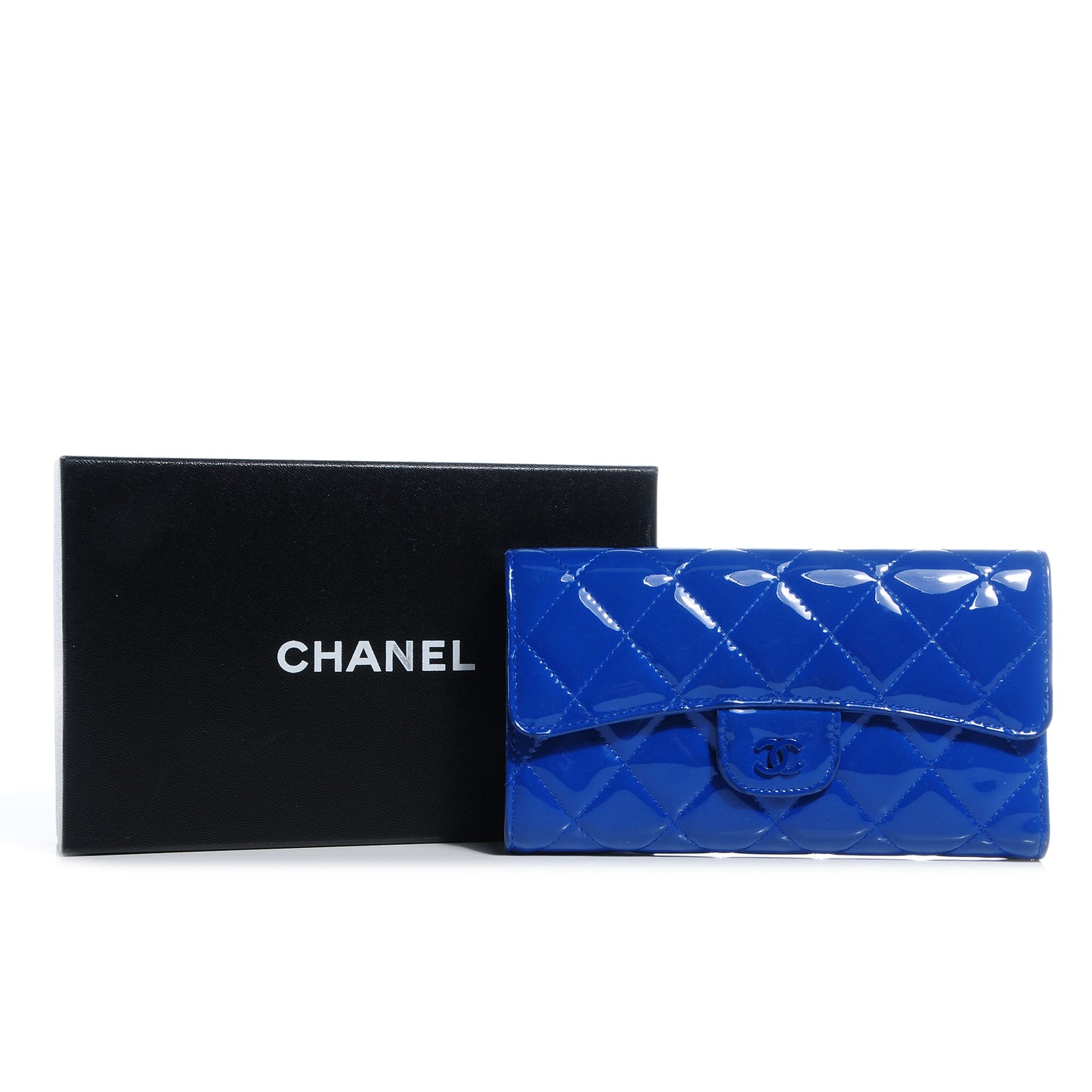 Patent Quilted Large Flap Wallet Blue Roi