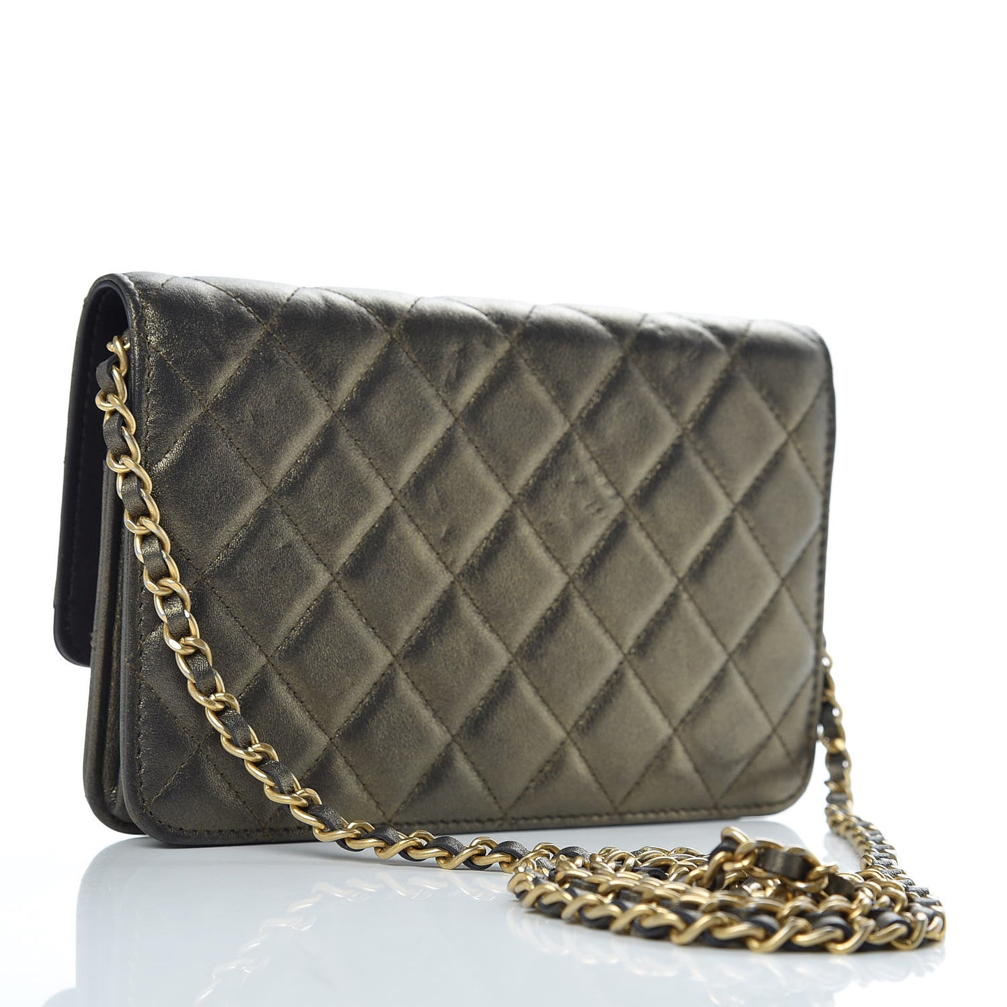 Metallic Calfskin Lambskin Quilted CC Chic Wallet on Chain WOC Dark Gold Grey