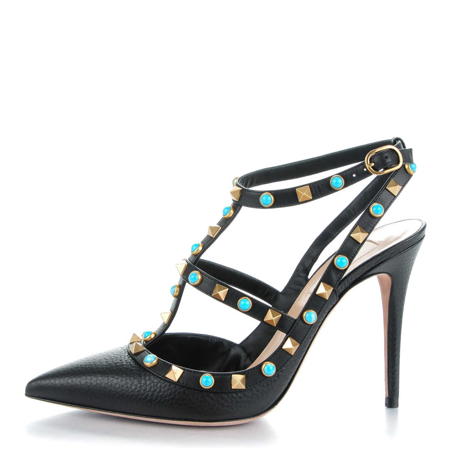 Pebbled Calfskin Turquoise Rockstud Rolling Ankle Strap 100mm Pumps 39 Black