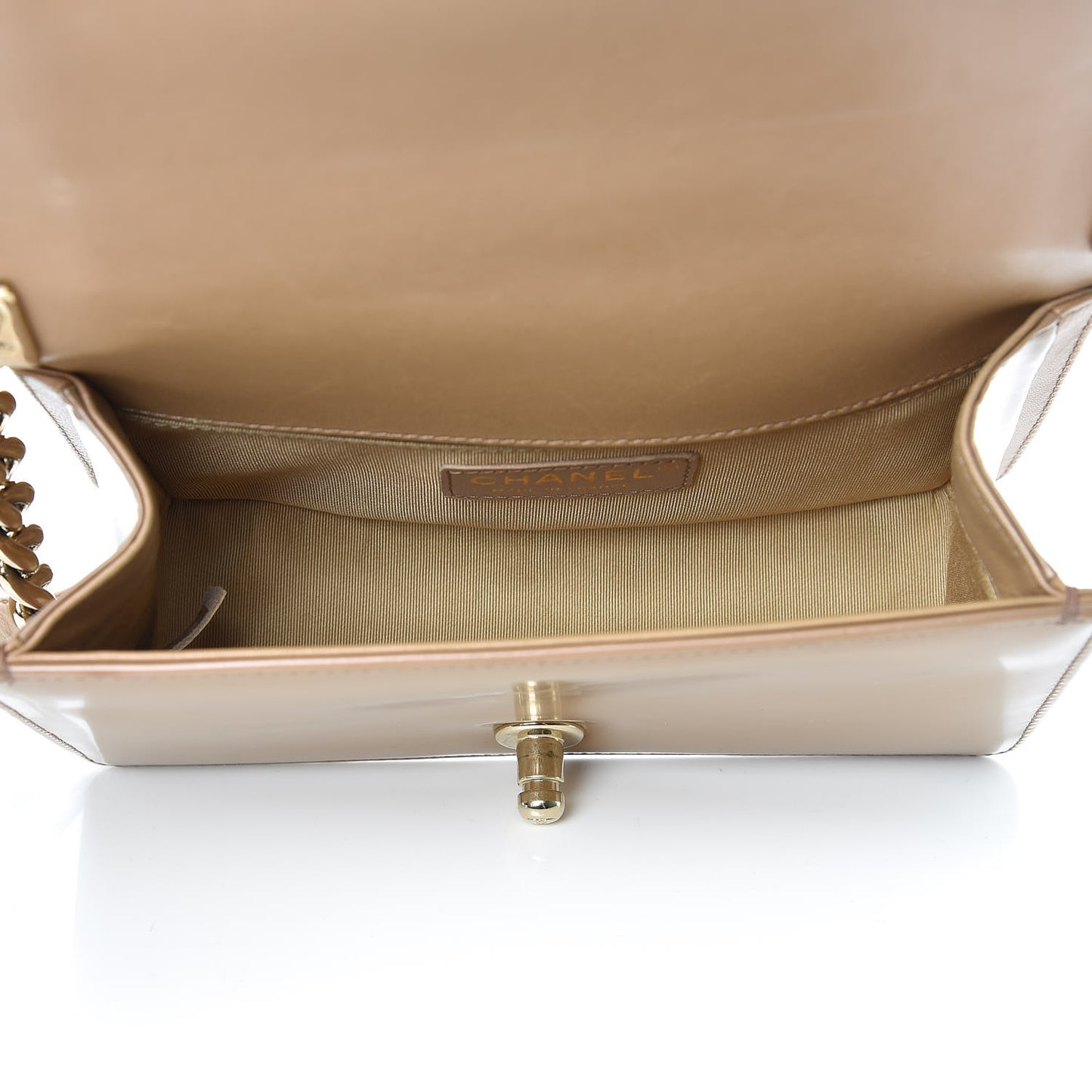 Iridescent Glazed Calfskin Quilted Small Boy Flap Dark Beige