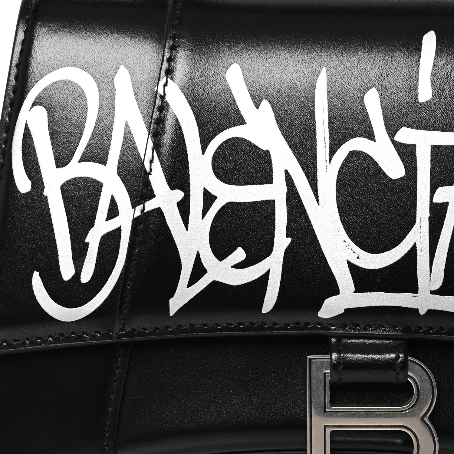 Balenciaga Shiny Box Calfskin Graffiti Logo Small Hourglass Top Handle Bag Black Silver 8 of 14
