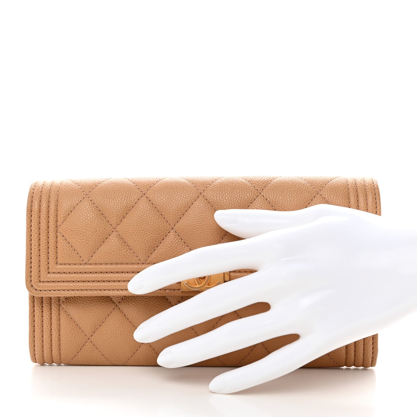 Caviar Quilted Large Boy Gusset Flap Wallet Beige